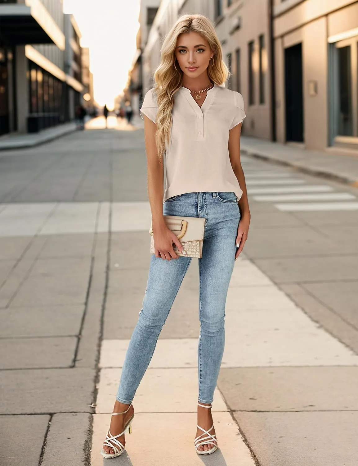 Blooming Jelly Womens Dressy Casual Tops Business Casual Cap Sleeve Work Blouses Chiffon V Neck Button Down Shirts