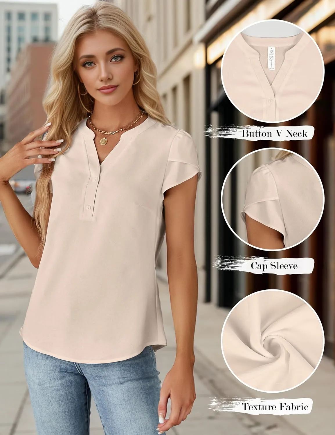 Blooming Jelly Womens Dressy Casual Tops Business Casual Cap Sleeve Work Blouses Chiffon V Neck Button Down Shirts