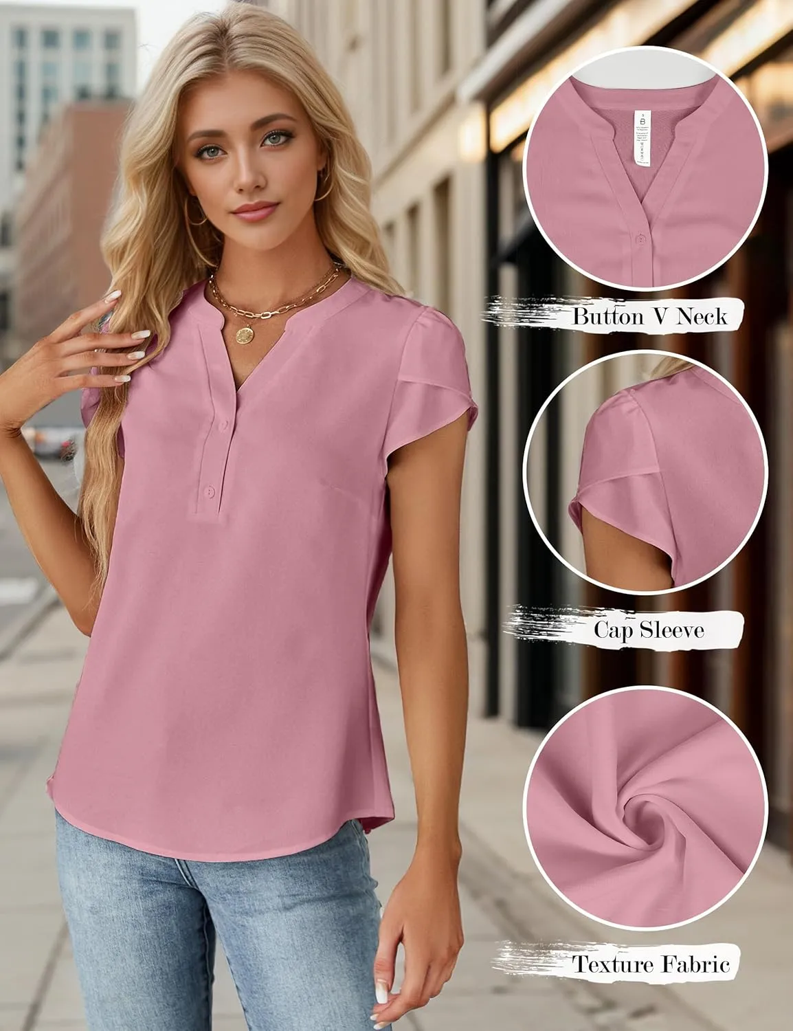 Blooming Jelly Womens Dressy Casual Tops Business Casual Cap Sleeve Work Blouses Chiffon V Neck Button Down Shirts