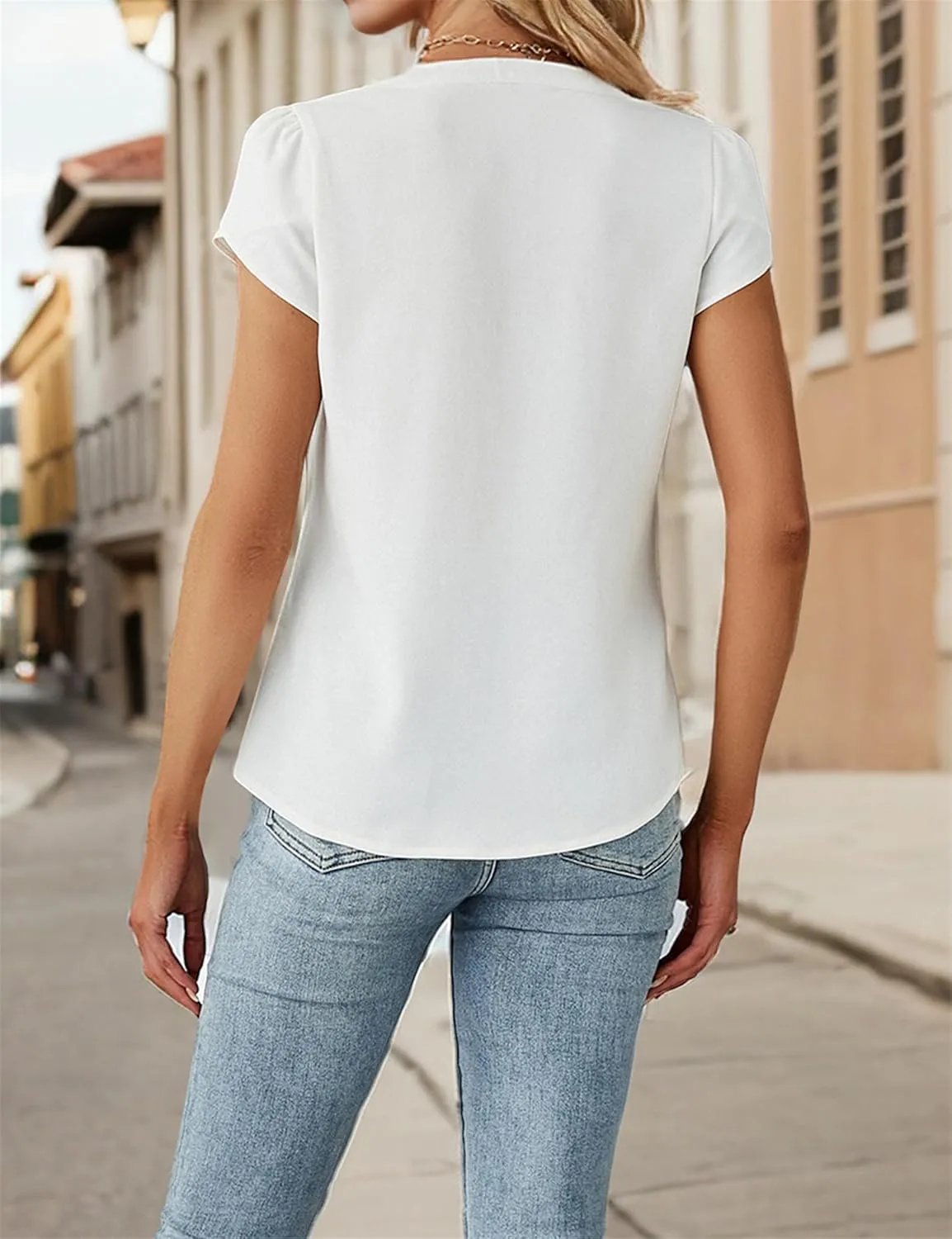 Blooming Jelly Womens Dressy Casual Tops Business Casual Cap Sleeve Work Blouses Chiffon V Neck Button Down Shirts