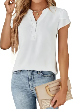 Blooming Jelly Womens Dressy Casual Tops Business Casual Cap Sleeve Work Blouses Chiffon V Neck Button Down Shirts