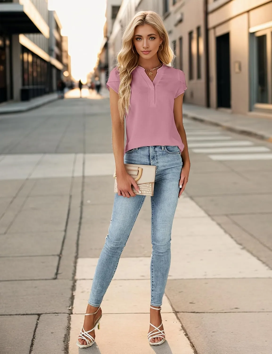 Blooming Jelly Womens Dressy Casual Tops Business Casual Cap Sleeve Work Blouses Chiffon V Neck Button Down Shirts