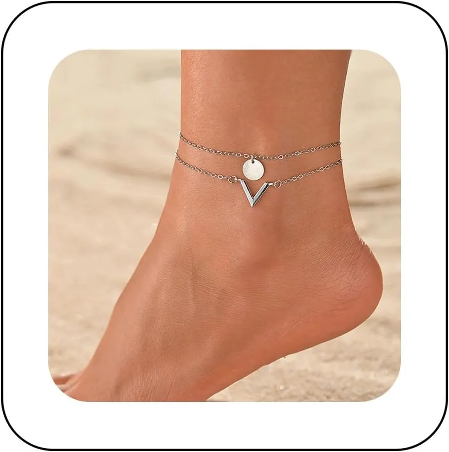 Bohemian Layered Disc Ankle Bracelet Gold Initial V Ankle Chain Bracelet Layered Letter V Beach Anklet Chain Small Coin Foot Chain Anklet Summer Beach Foot Chain Jewelry for Women