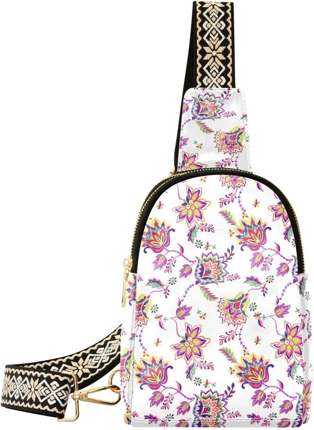 Boho Ethnic Flowers Fanny Pack Crossbody PC Leather Small Sling Bag for Women Folk Elements Fashion Waist Packs Chest Bag for Travel Sports Running Hiking