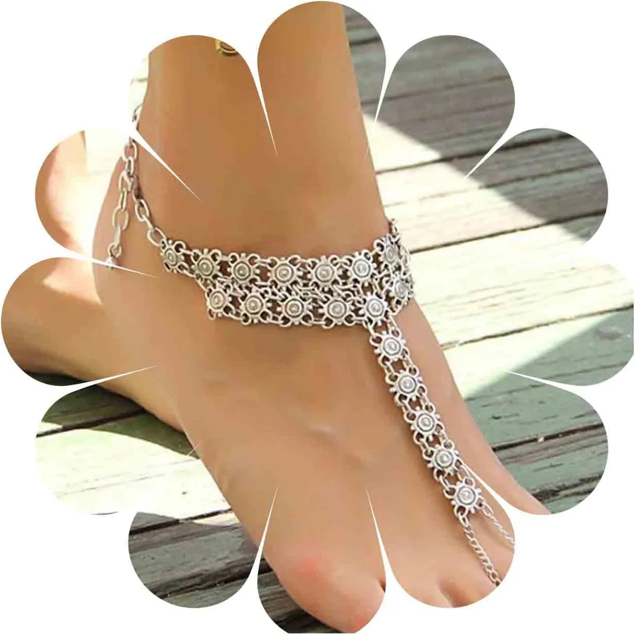 Boho Flower Barefoot Sandal Chain Anklets Silver Ankle Bracelet Toe Ring Anklet Vintage Tribal Anklet Bracelet Summer Foot Chain Jewelry for Women Beach Gifts