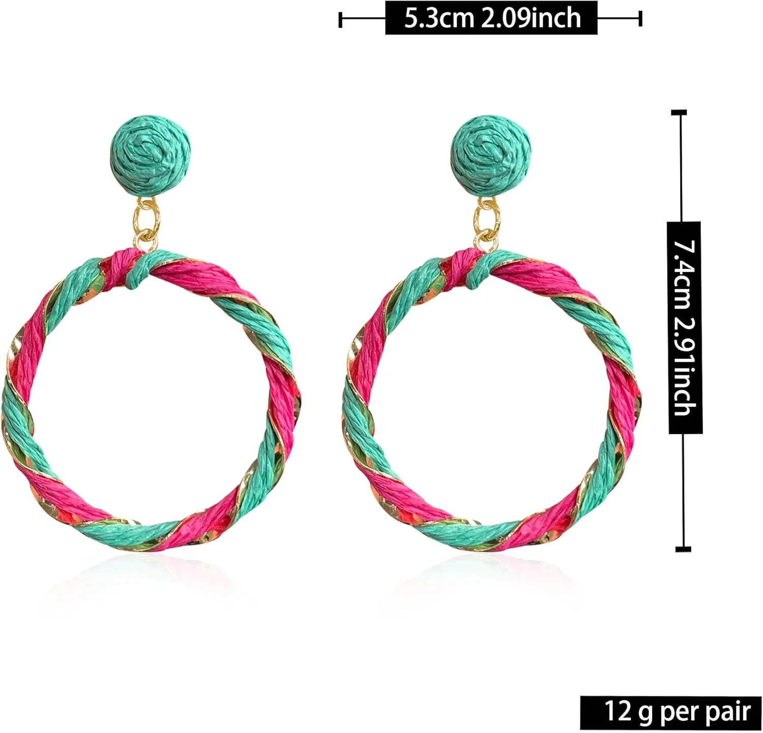 Boho Raffia Big Hoop Dangle Earrings Twisted Statement Rattan Round Geometric Earrings For Summer Beach Vacation
