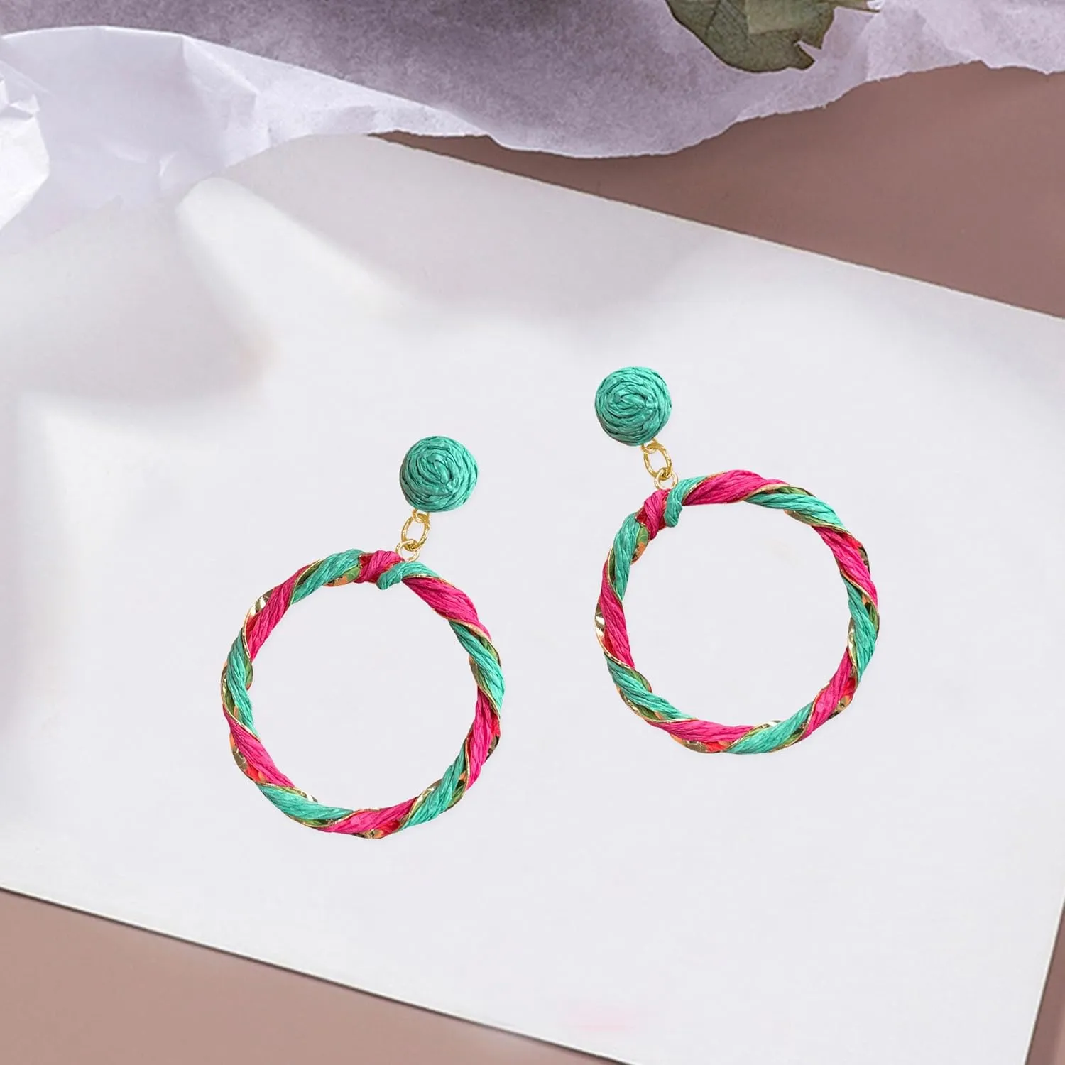 Boho Raffia Big Hoop Dangle Earrings Twisted Statement Rattan Round Geometric Earrings For Summer Beach Vacation