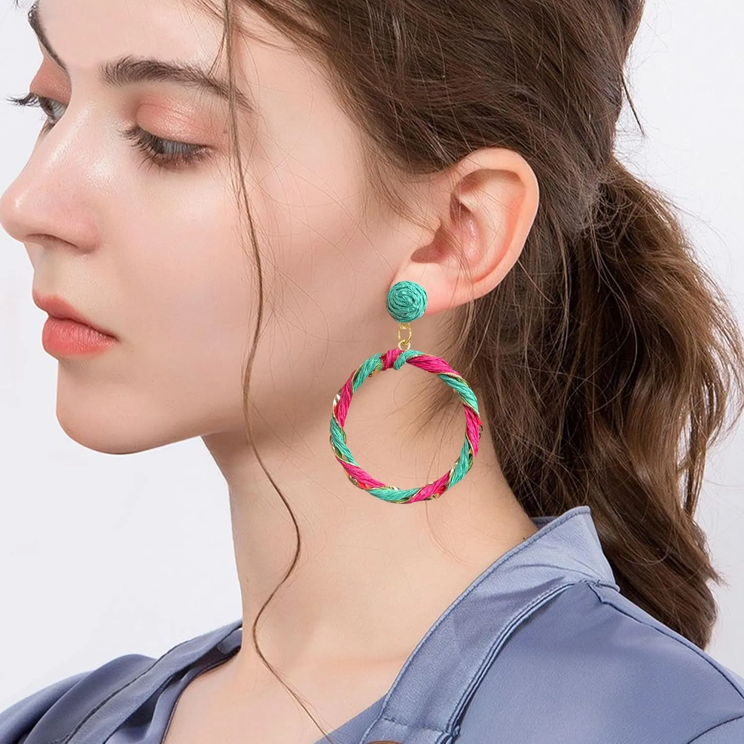 Boho Raffia Big Hoop Dangle Earrings Twisted Statement Rattan Round Geometric Earrings For Summer Beach Vacation