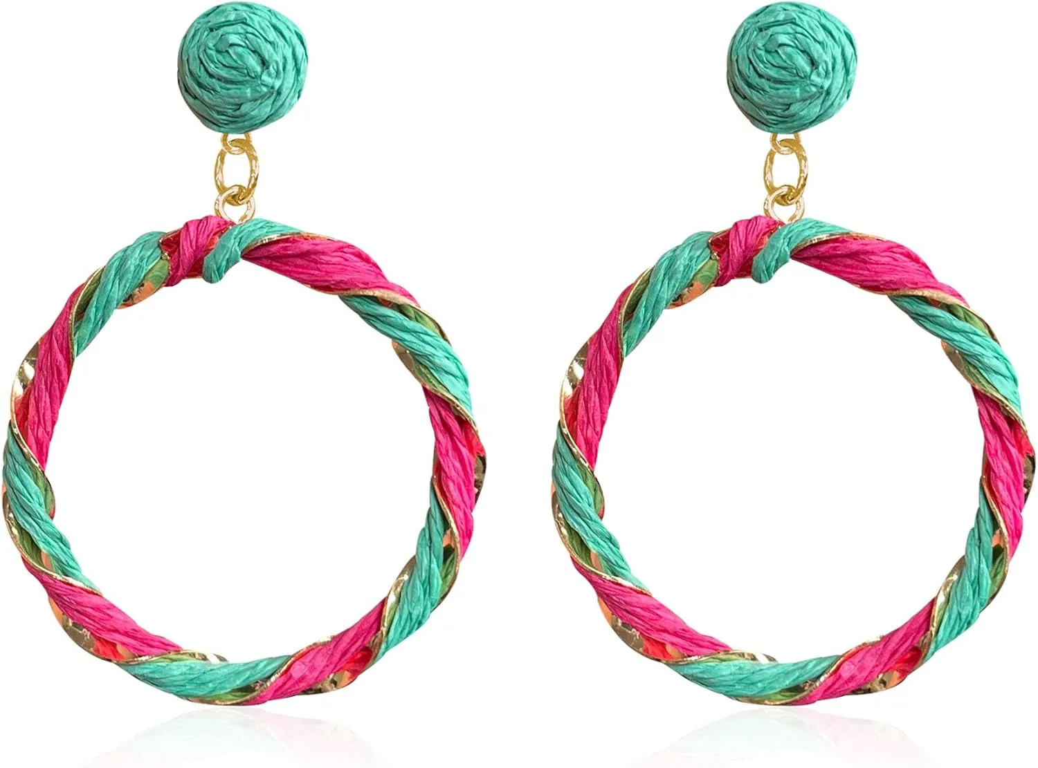 Boho Raffia Big Hoop Dangle Earrings Twisted Statement Rattan Round Geometric Earrings For Summer Beach Vacation