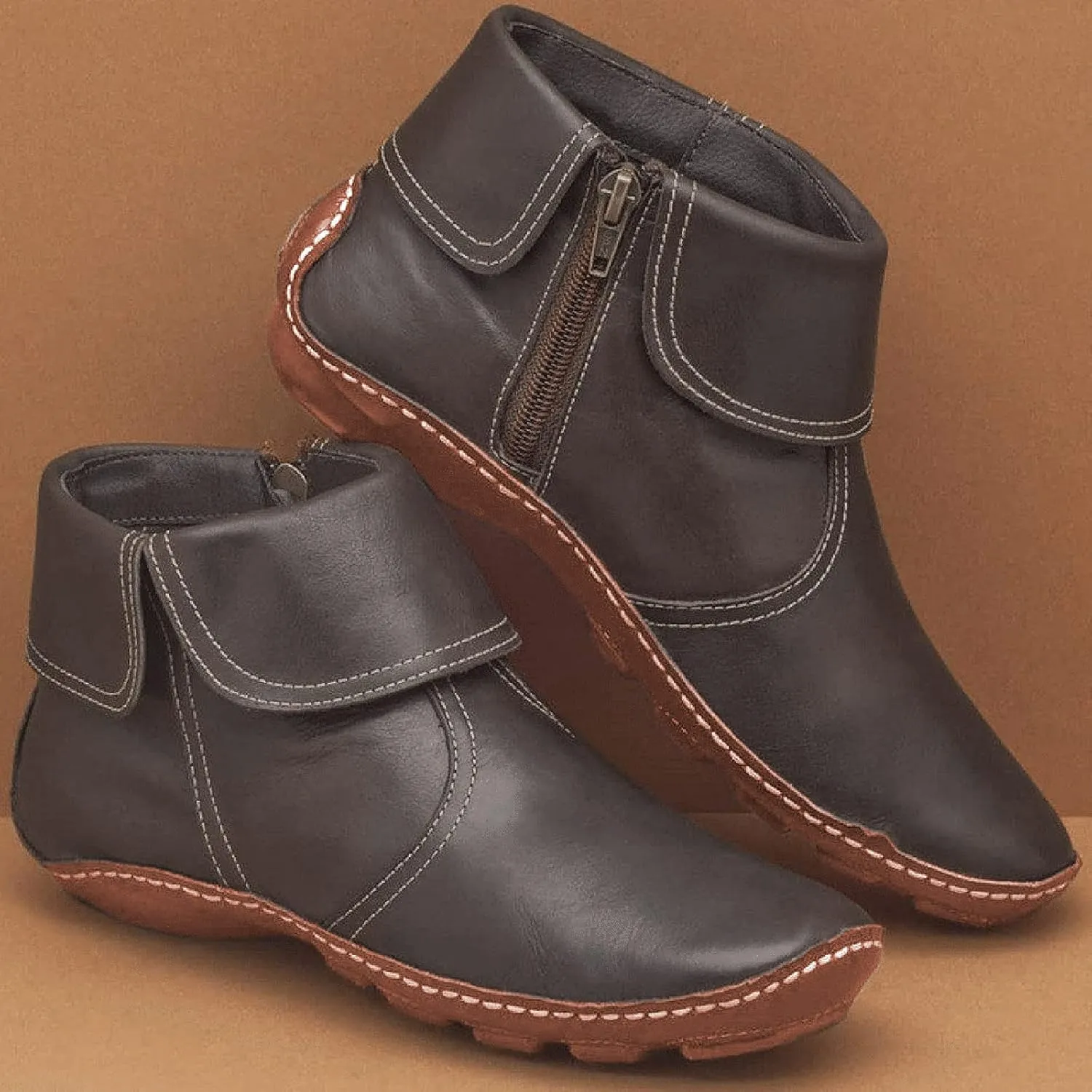 Boots for Women Low Heel Lace Up Arch Support Boots Side Zip Vintage Damping Shoes Flat Heel Boots