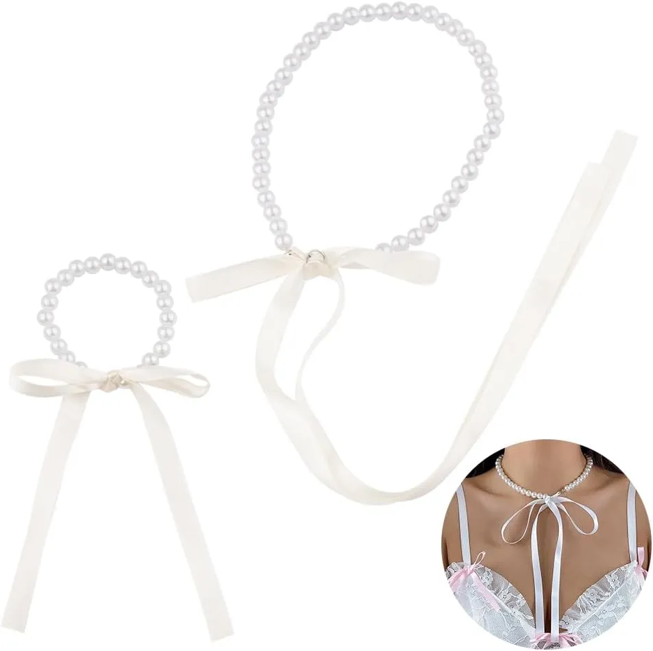 Bow Pearl Choker Necklace Bracelet Set Black White Pink Pearl Chain Beaded Necklace Long Ribbon Pearl Necklace for Women Girl