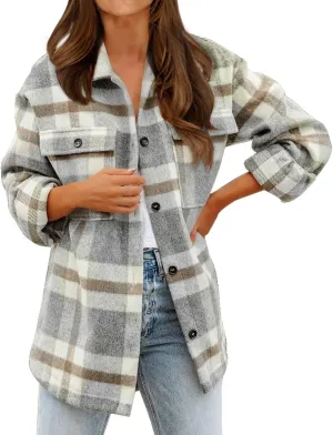 BTFBM Women's Long Sleeve Button Down Jackets Plaid Flannel Shirts Tops Casual Lapel V Neck Oversized Shackets Blouses Top