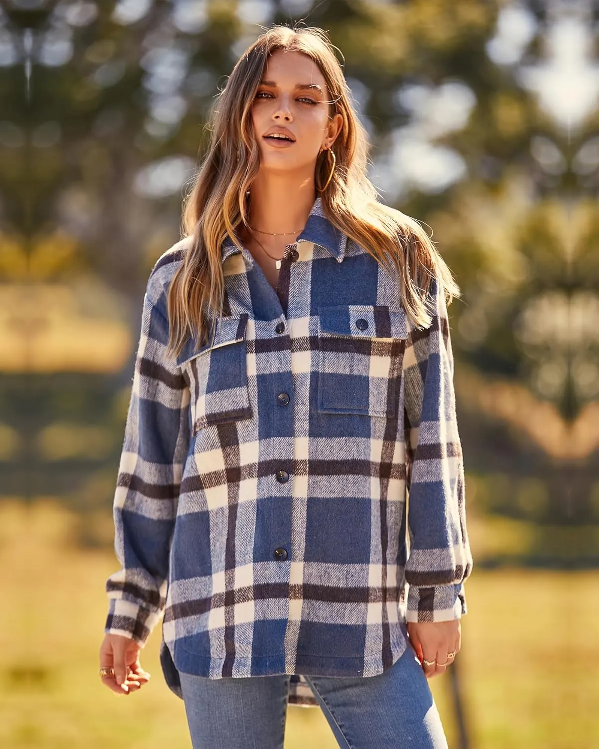 BTFBM Women's Long Sleeve Button Down Jackets Plaid Flannel Shirts Tops Casual Lapel V Neck Oversized Shackets Blouses Top