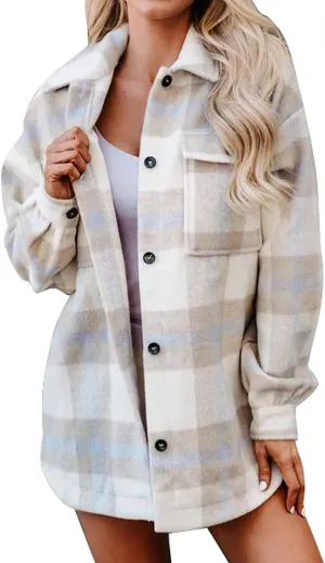BTFBM Women's Long Sleeve Button Down Jackets Plaid Flannel Shirts Tops Casual Lapel V Neck Oversized Shackets Blouses Top