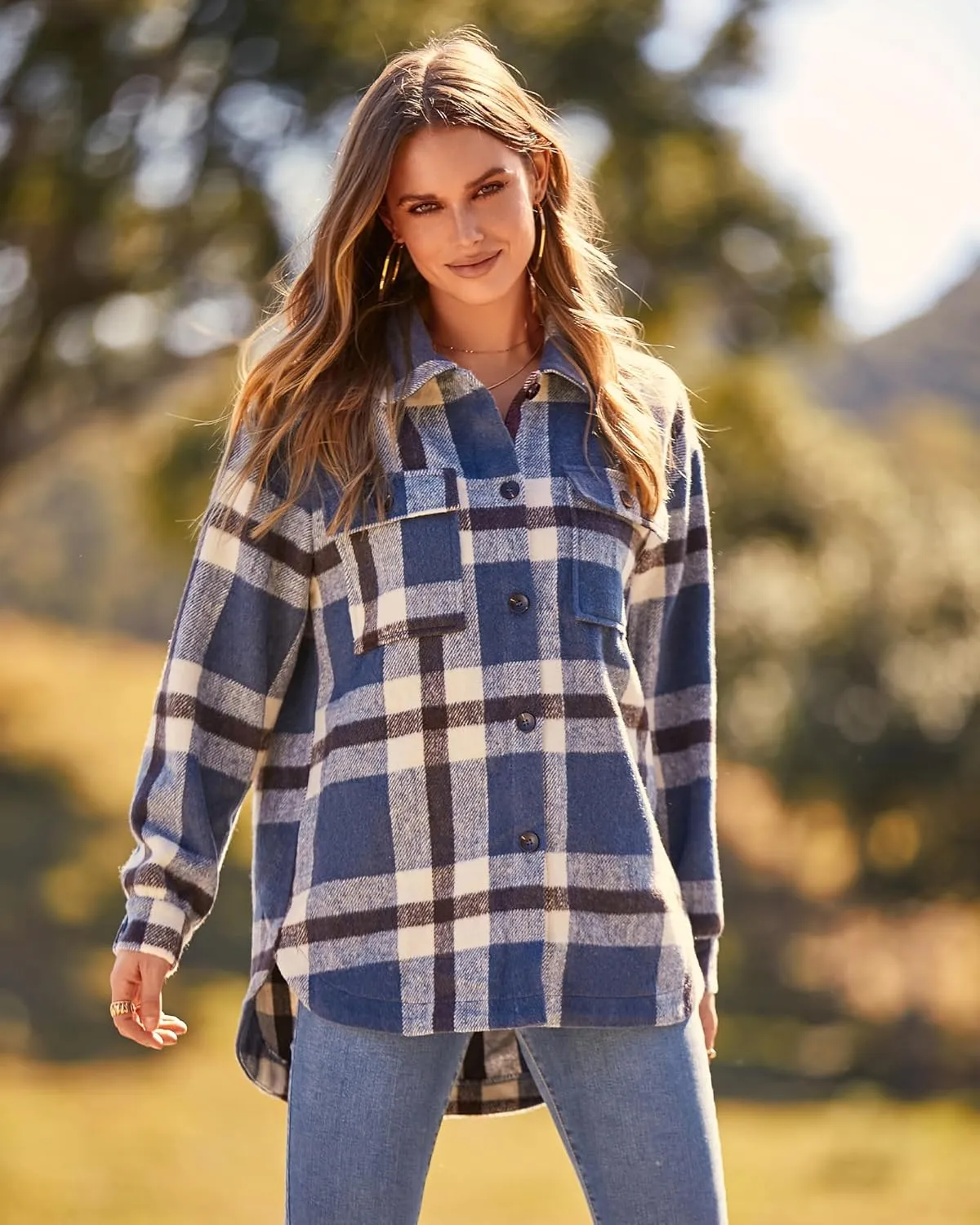 BTFBM Women's Long Sleeve Button Down Jackets Plaid Flannel Shirts Tops Casual Lapel V Neck Oversized Shackets Blouses Top