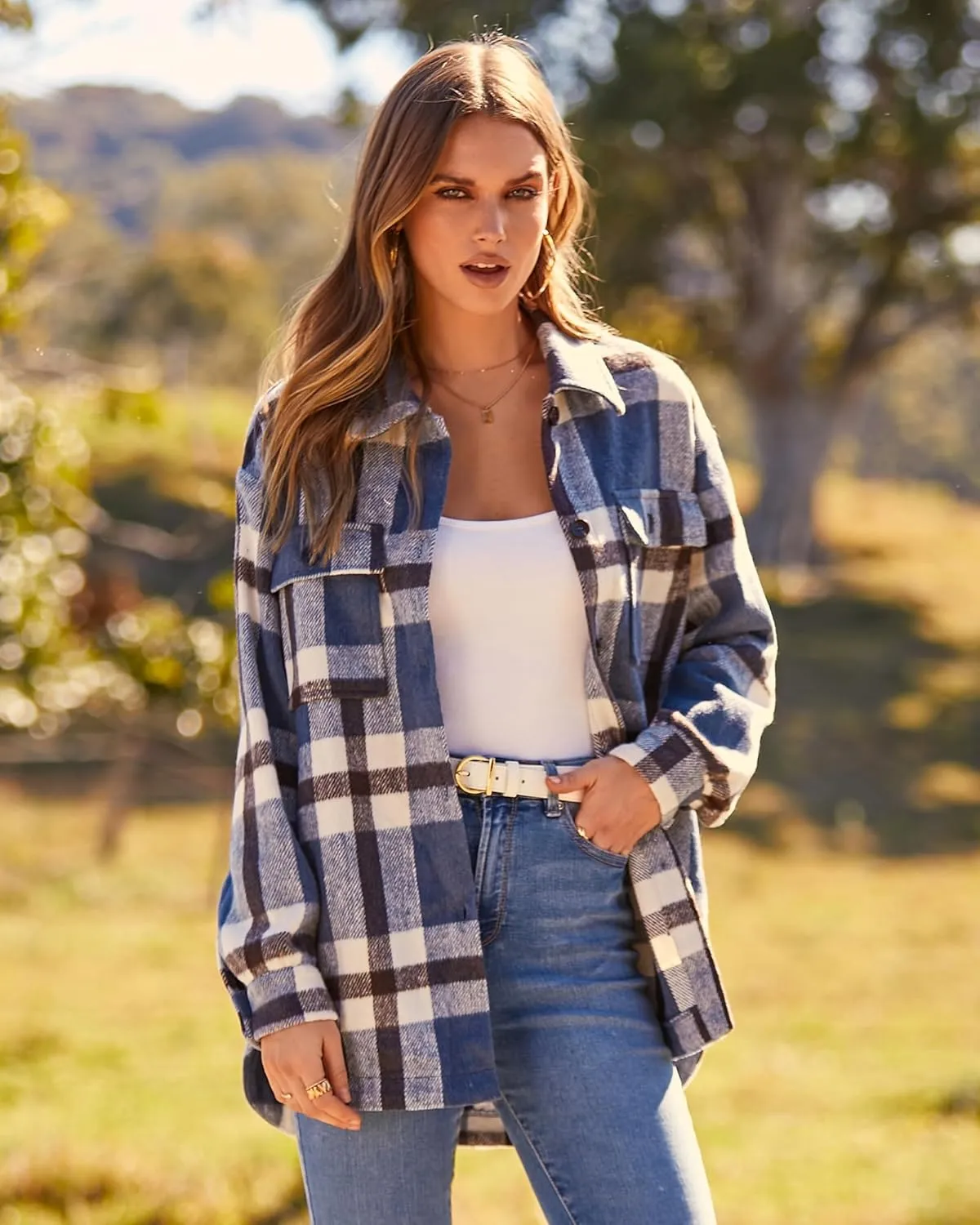 BTFBM Women's Long Sleeve Button Down Jackets Plaid Flannel Shirts Tops Casual Lapel V Neck Oversized Shackets Blouses Top