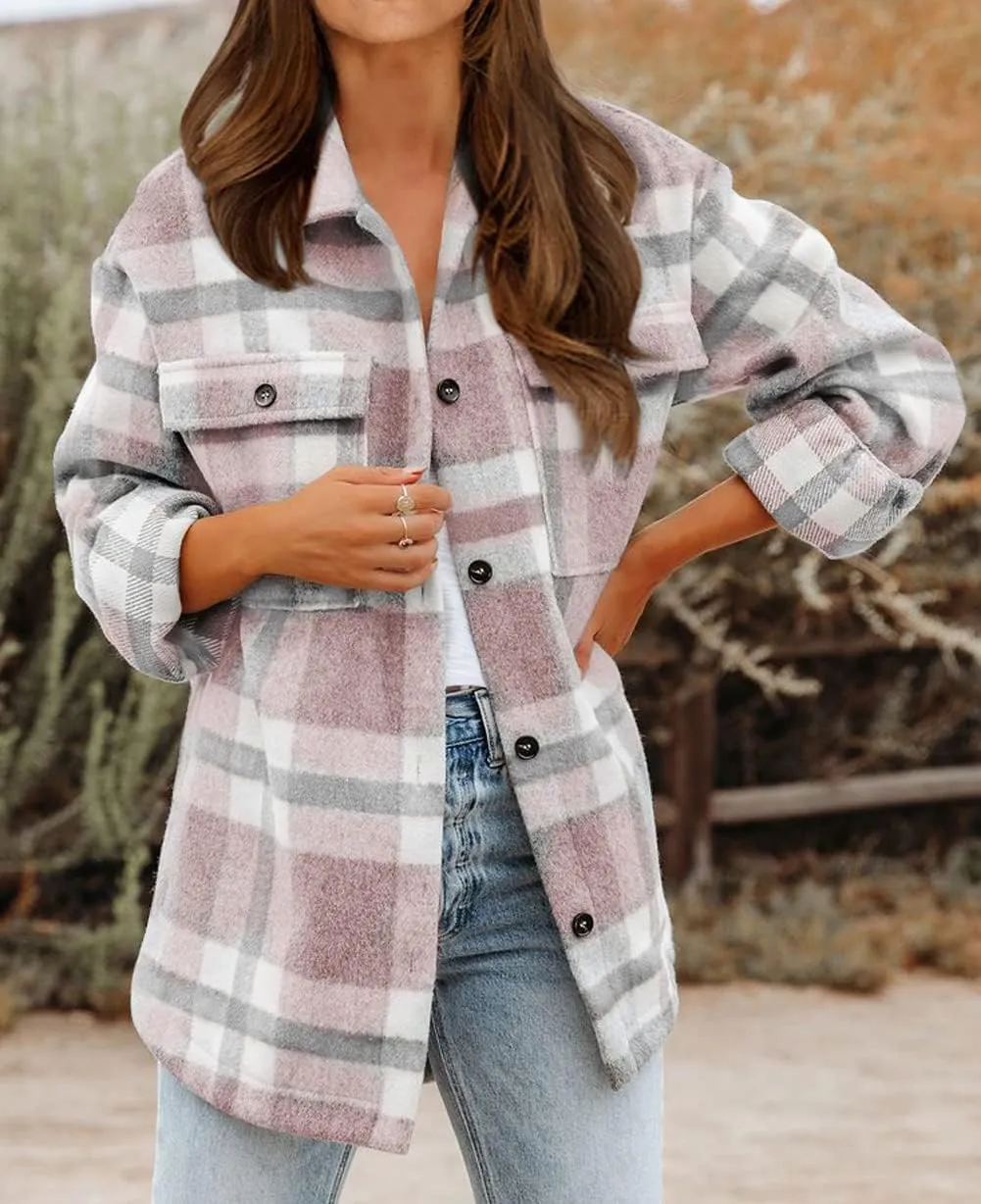 BTFBM Women's Long Sleeve Button Down Jackets Plaid Flannel Shirts Tops Casual Lapel V Neck Oversized Shackets Blouses Top