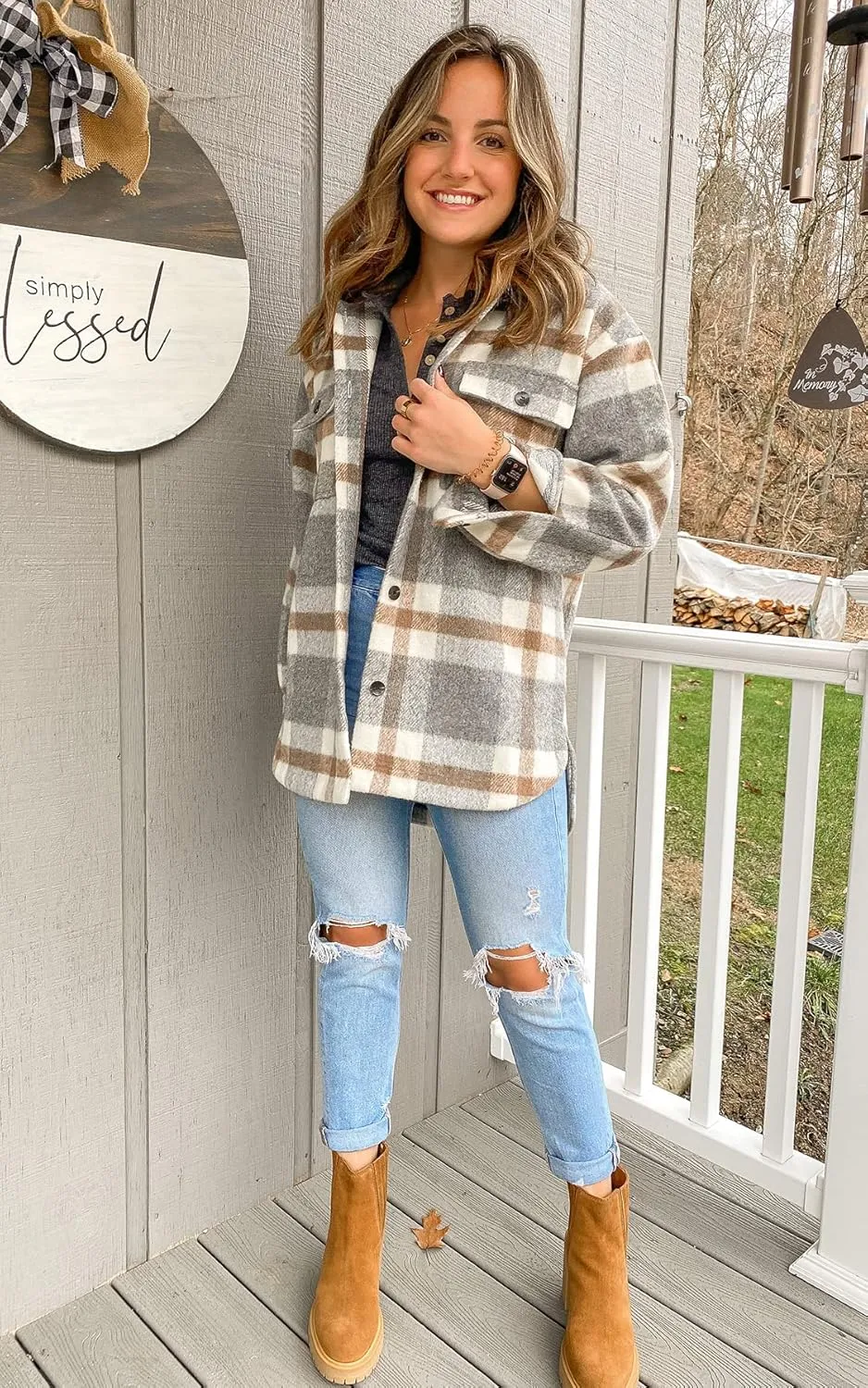 BTFBM Women's Long Sleeve Button Down Jackets Plaid Flannel Shirts Tops Casual Lapel V Neck Oversized Shackets Blouses Top