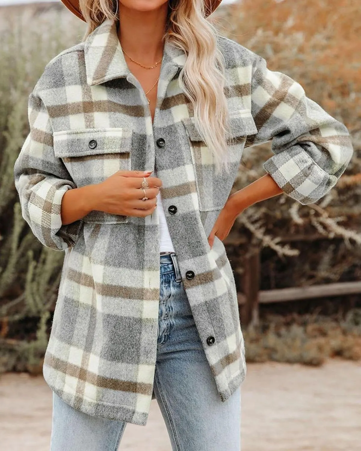 BTFBM Women's Long Sleeve Button Down Jackets Plaid Flannel Shirts Tops Casual Lapel V Neck Oversized Shackets Blouses Top