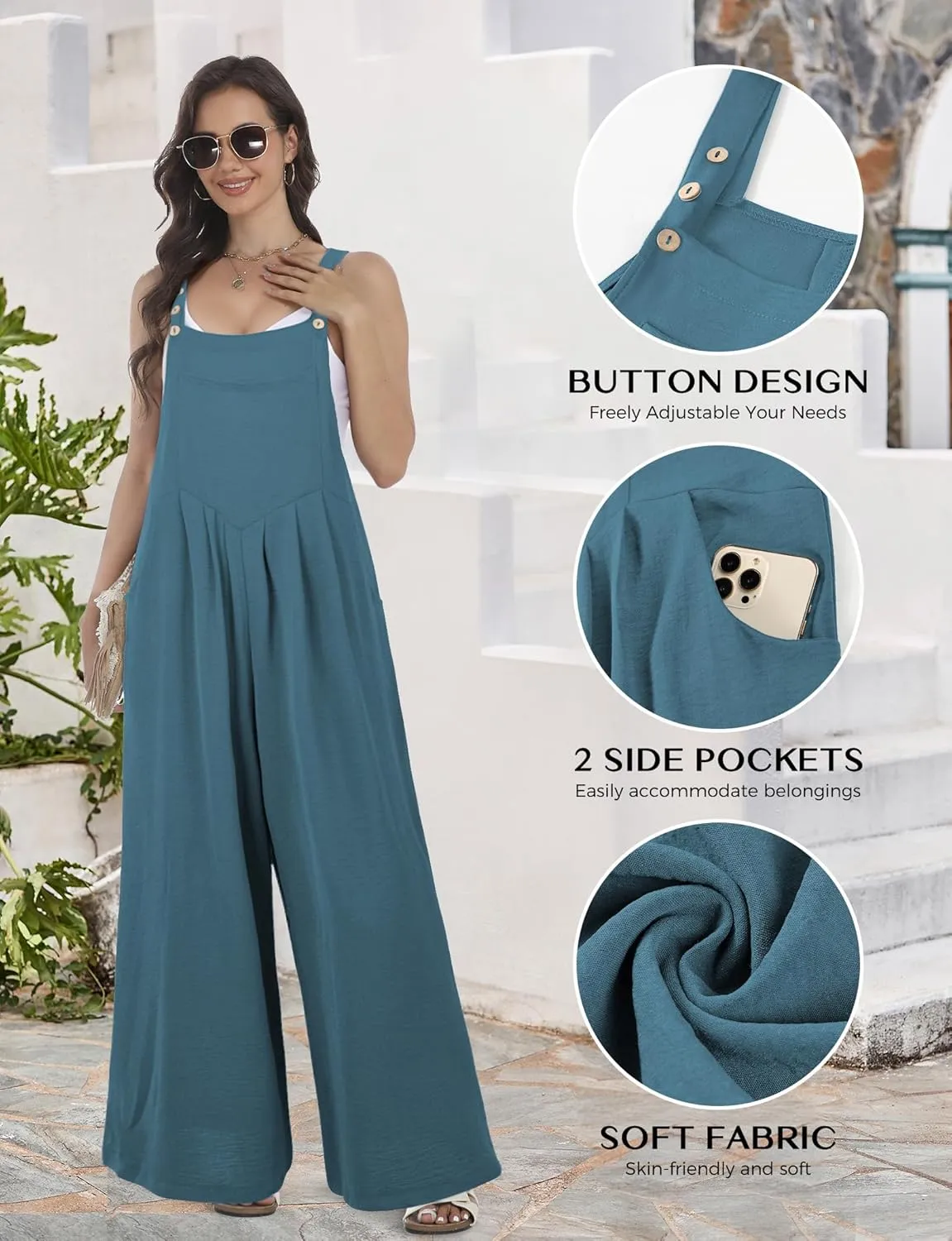 Buauty Women's Jumpsuits Overalls Wide Leg Casual 2025 Rompers Sleeveless Smocked One Piece High Waist Loose Fit with Pockets
