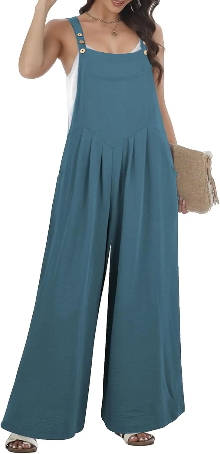 Buauty Women's Jumpsuits Overalls Wide Leg Casual 2025 Rompers Sleeveless Smocked One Piece High Waist Loose Fit with Pockets