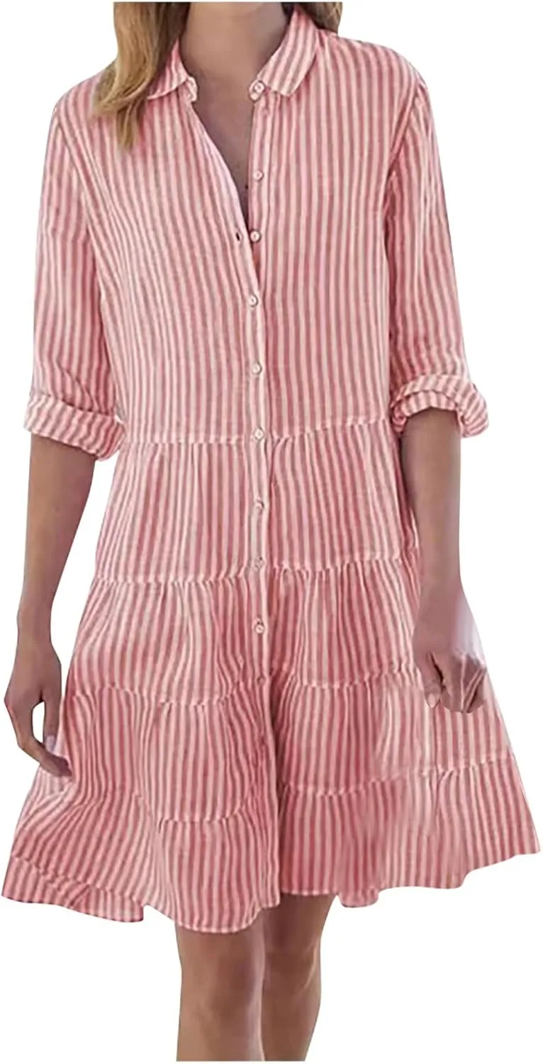 Button Down Dress for Women Summer Casual Striped Long Sleeve V Neck Lapel Dresses Loose Ruched Party Midi Dress 2025