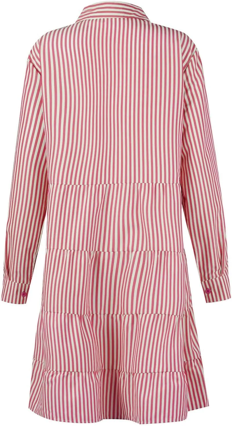 Button Down Dress for Women Summer Casual Striped Long Sleeve V Neck Lapel Dresses Loose Ruched Party Midi Dress 2025