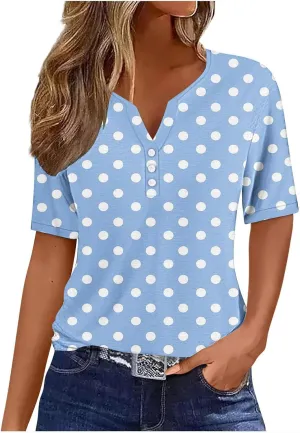 Button Down Shirts for Women Short Sleeve Summer Casual Tops V Neck Floral Print Henley Tshirt Trendy Tunic Blouses