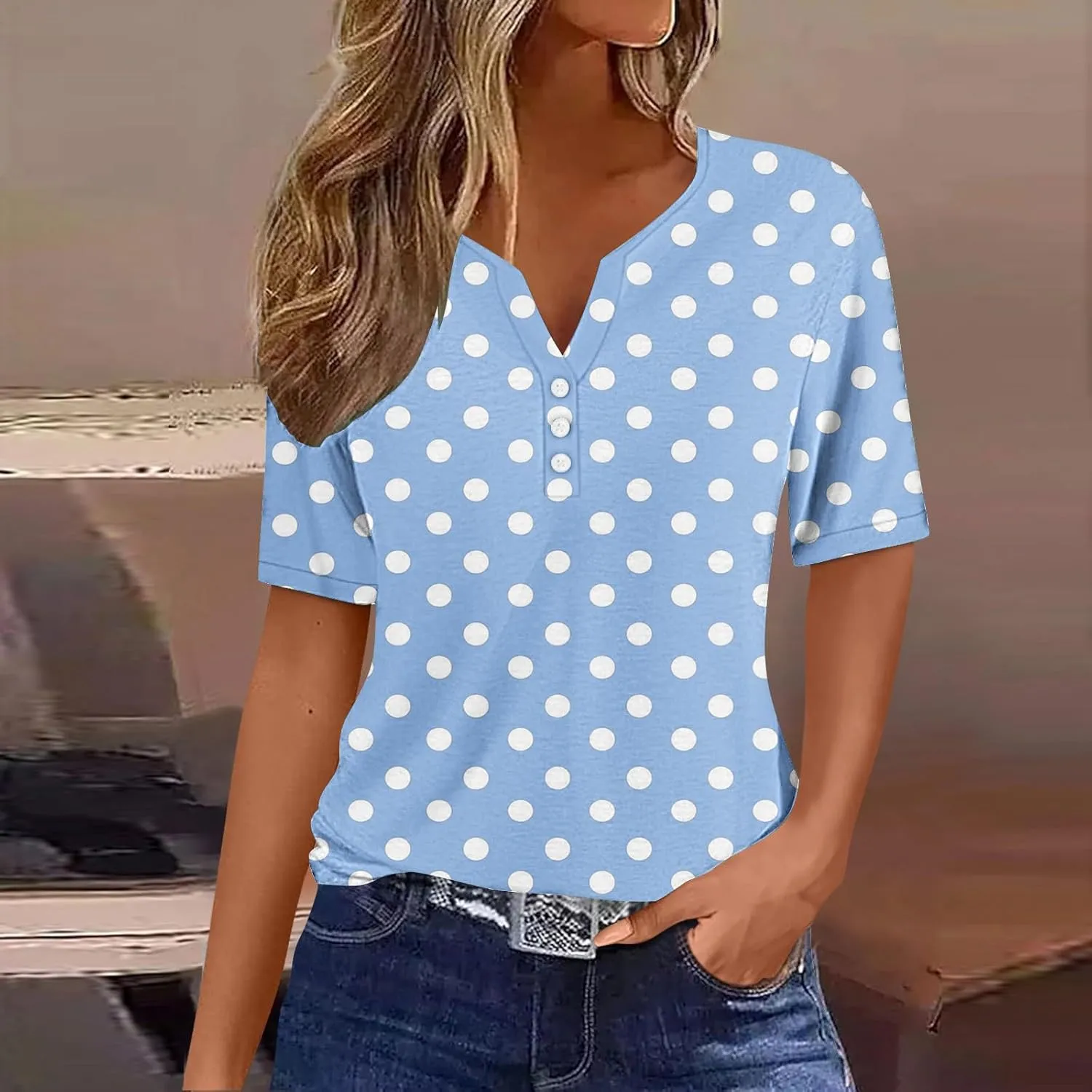 Button Down Shirts for Women Short Sleeve Summer Casual Tops V Neck Floral Print Henley Tshirt Trendy Tunic Blouses