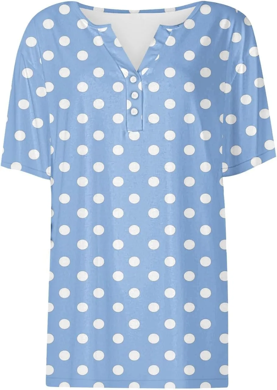 Button Down Shirts for Women Short Sleeve Summer Casual Tops V Neck Floral Print Henley Tshirt Trendy Tunic Blouses