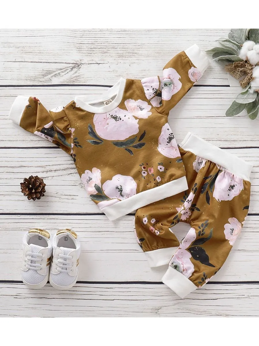 Casual Autumn 2-Piece Flutter Sleeve Flower Top & Pants Set