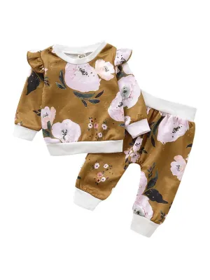 Casual Autumn 2-Piece Flutter Sleeve Flower Top & Pants Set