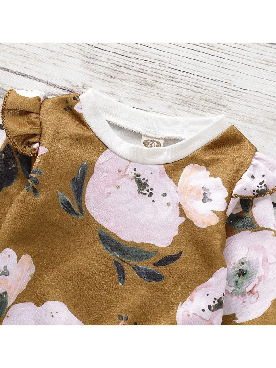 Casual Autumn 2-Piece Flutter Sleeve Flower Top & Pants Set