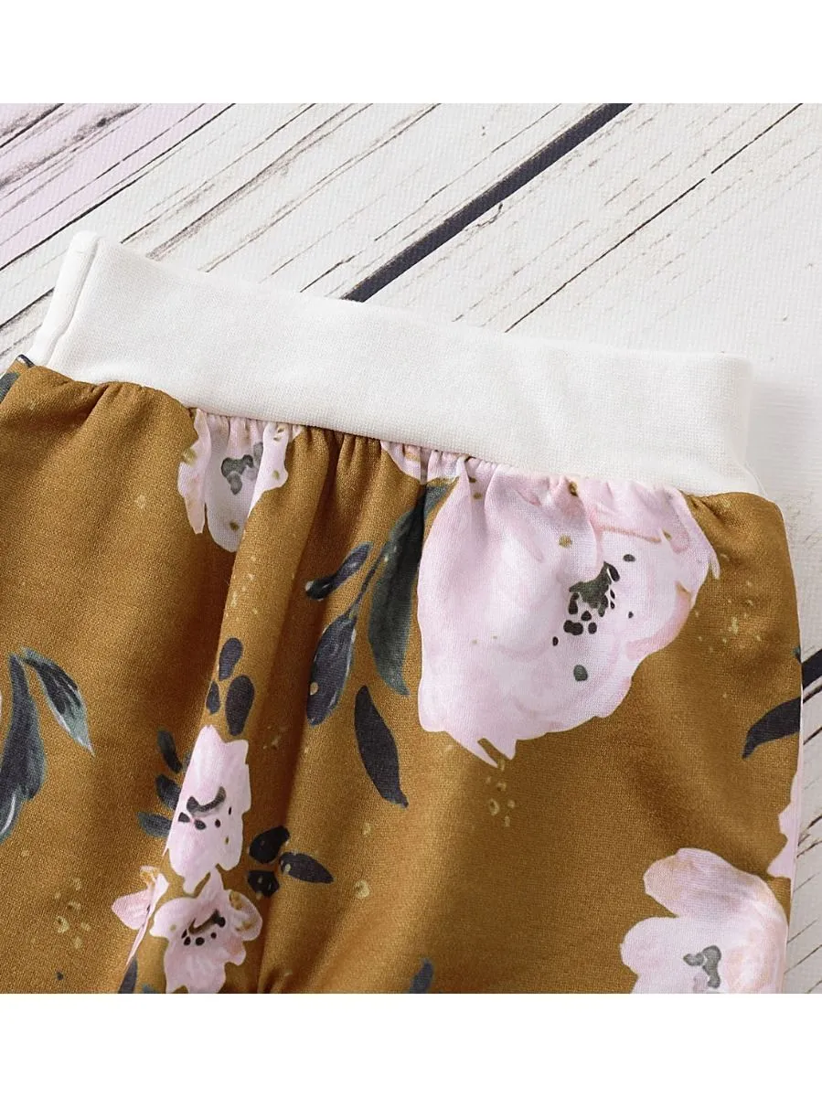 Casual Autumn 2-Piece Flutter Sleeve Flower Top & Pants Set