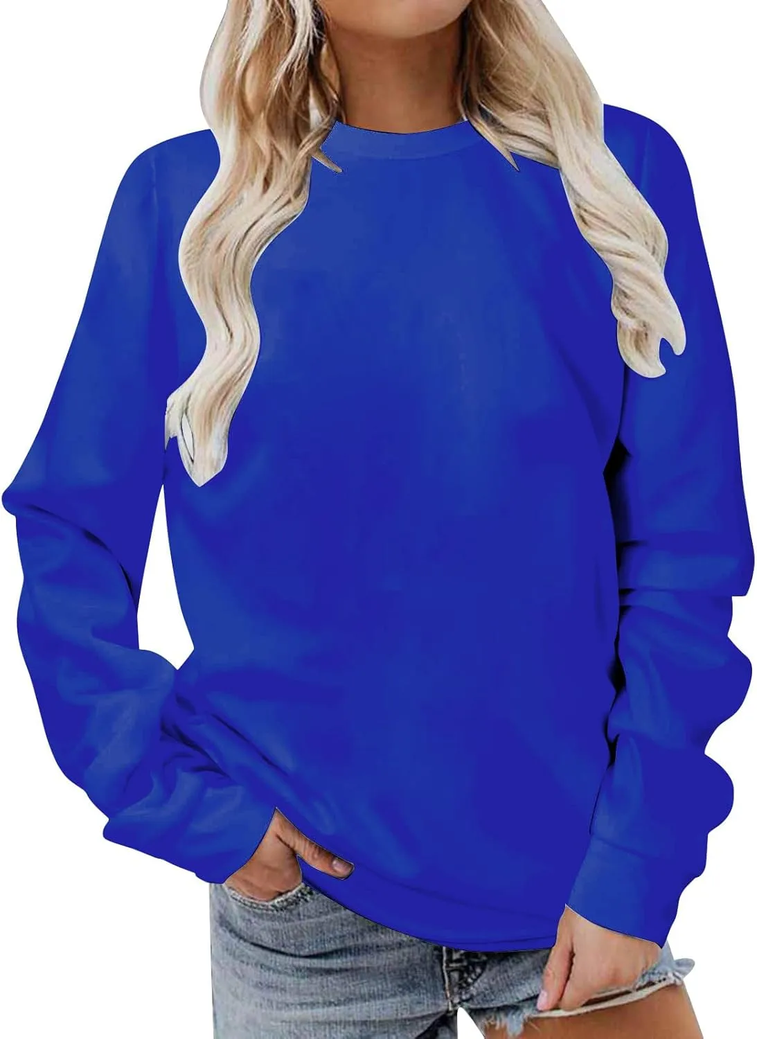 Casual Crewneck Sweatshirt for Women 2025 Spring Fall Tops Plain Color Long Sleeve Sweater Fuzzy Shirts