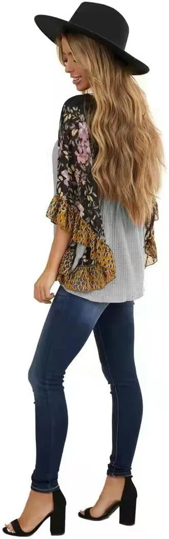 CASURESS Womens Floral Printed 3 4 Sleeve Shirt Batwing Loose Tops Blouses Pullover
