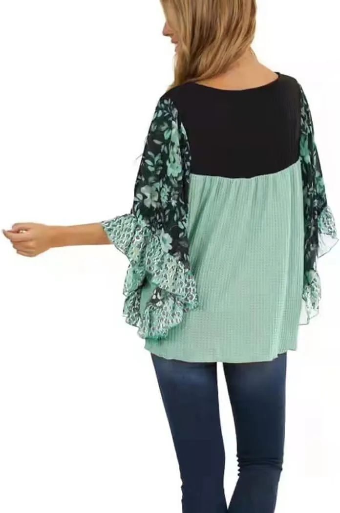 CASURESS Womens Floral Printed 3 4 Sleeve Shirt Batwing Loose Tops Blouses Pullover