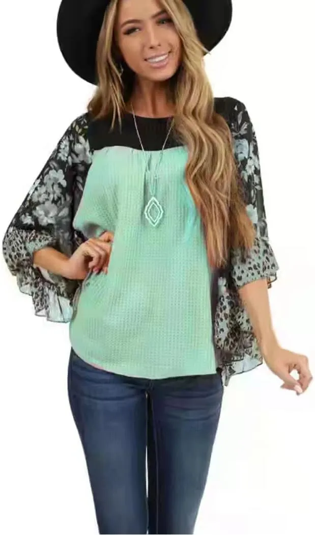 CASURESS Womens Floral Printed 3 4 Sleeve Shirt Batwing Loose Tops Blouses Pullover