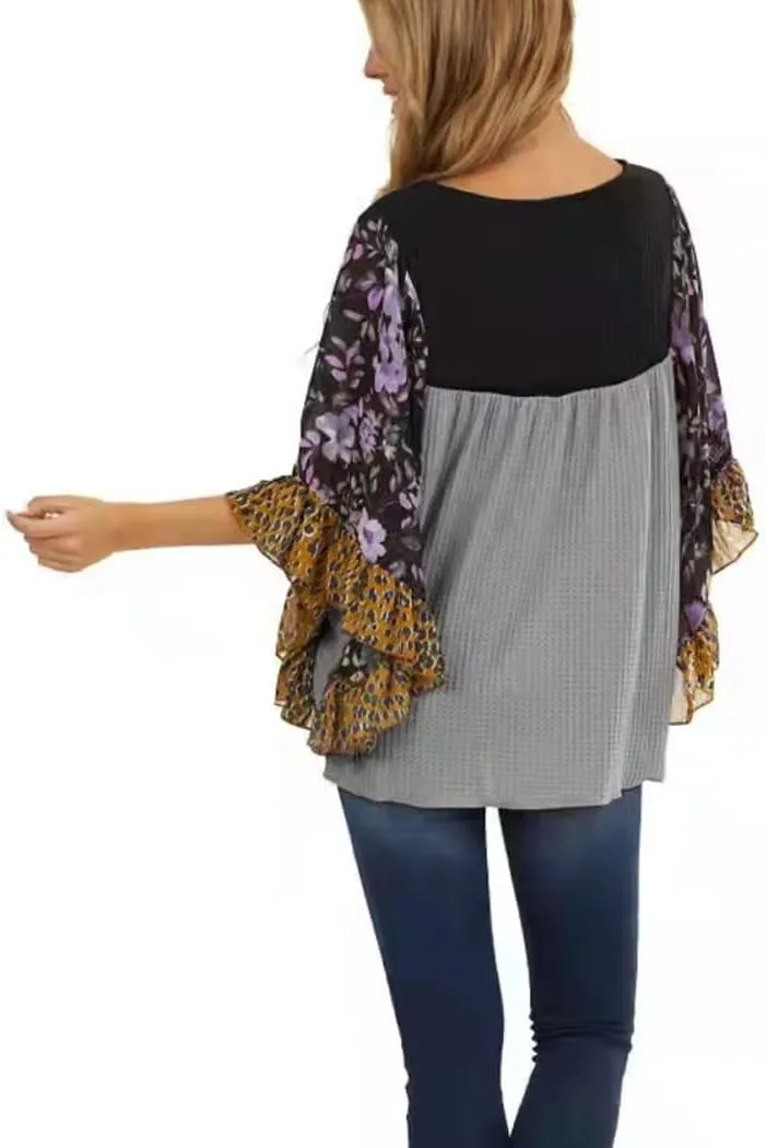 CASURESS Womens Floral Printed 3 4 Sleeve Shirt Batwing Loose Tops Blouses Pullover