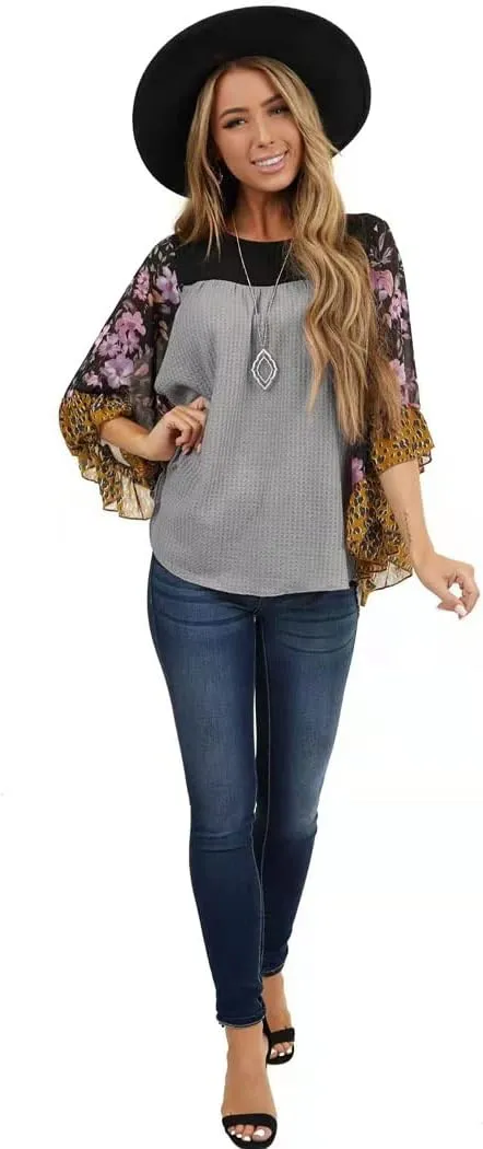 CASURESS Womens Floral Printed 3 4 Sleeve Shirt Batwing Loose Tops Blouses Pullover