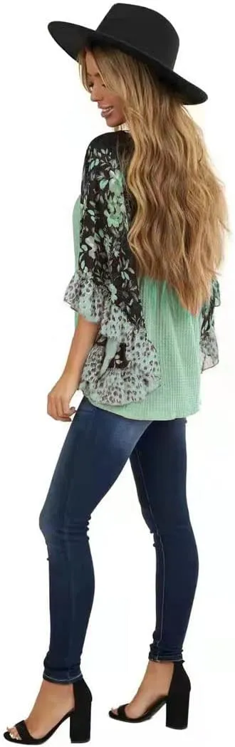 CASURESS Womens Floral Printed 3 4 Sleeve Shirt Batwing Loose Tops Blouses Pullover