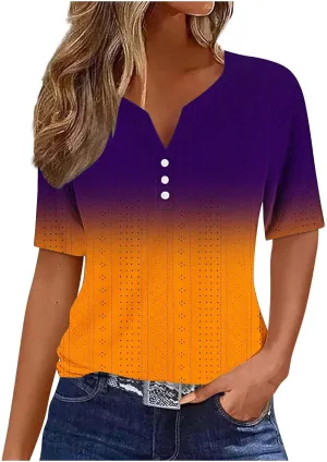 Ceboyel Women Gradient Color Summer Shirts Dressy Causal Eyelet Tops 2024 Henley Blouses Tunic Trendy Vacation Clothing