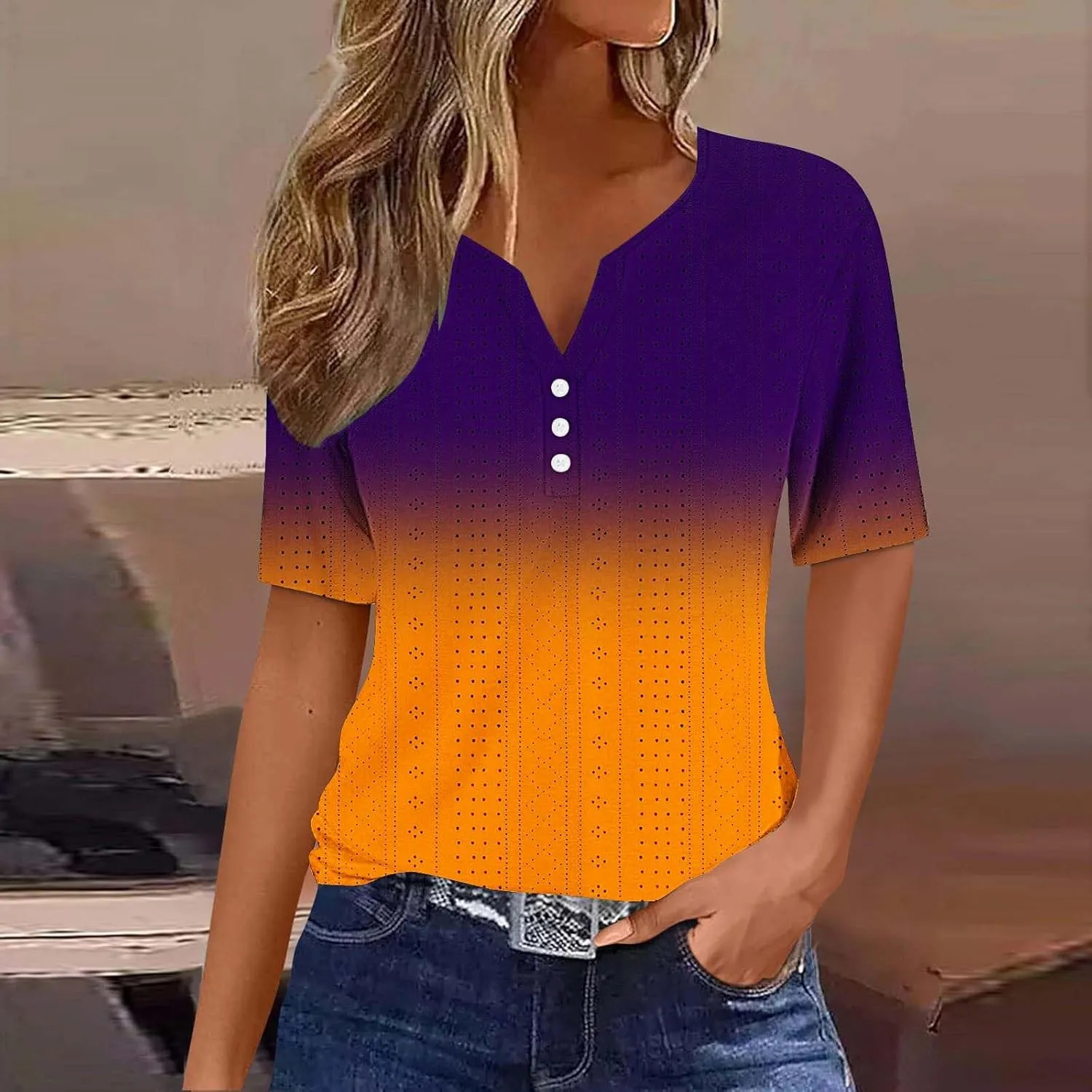 Ceboyel Women Gradient Color Summer Shirts Dressy Causal Eyelet Tops 2024 Henley Blouses Tunic Trendy Vacation Clothing