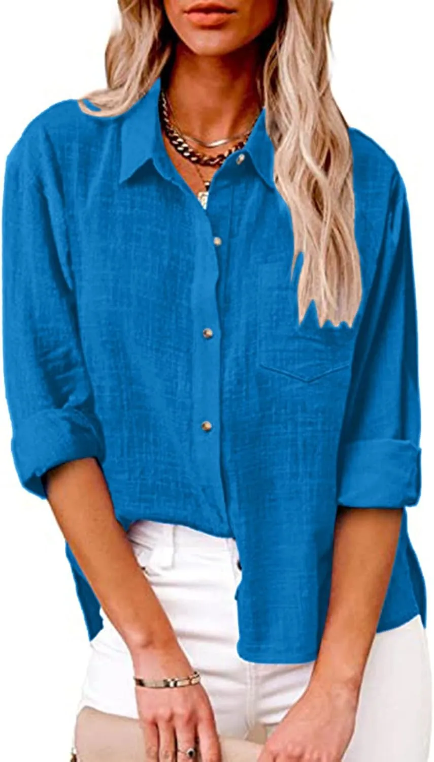 Ceboyel Women Long Sleeve Linen Shirts 2024 Button Down Summer Tops Cotton Gauze Trendy Blouse Dressy Causal Work Clothes