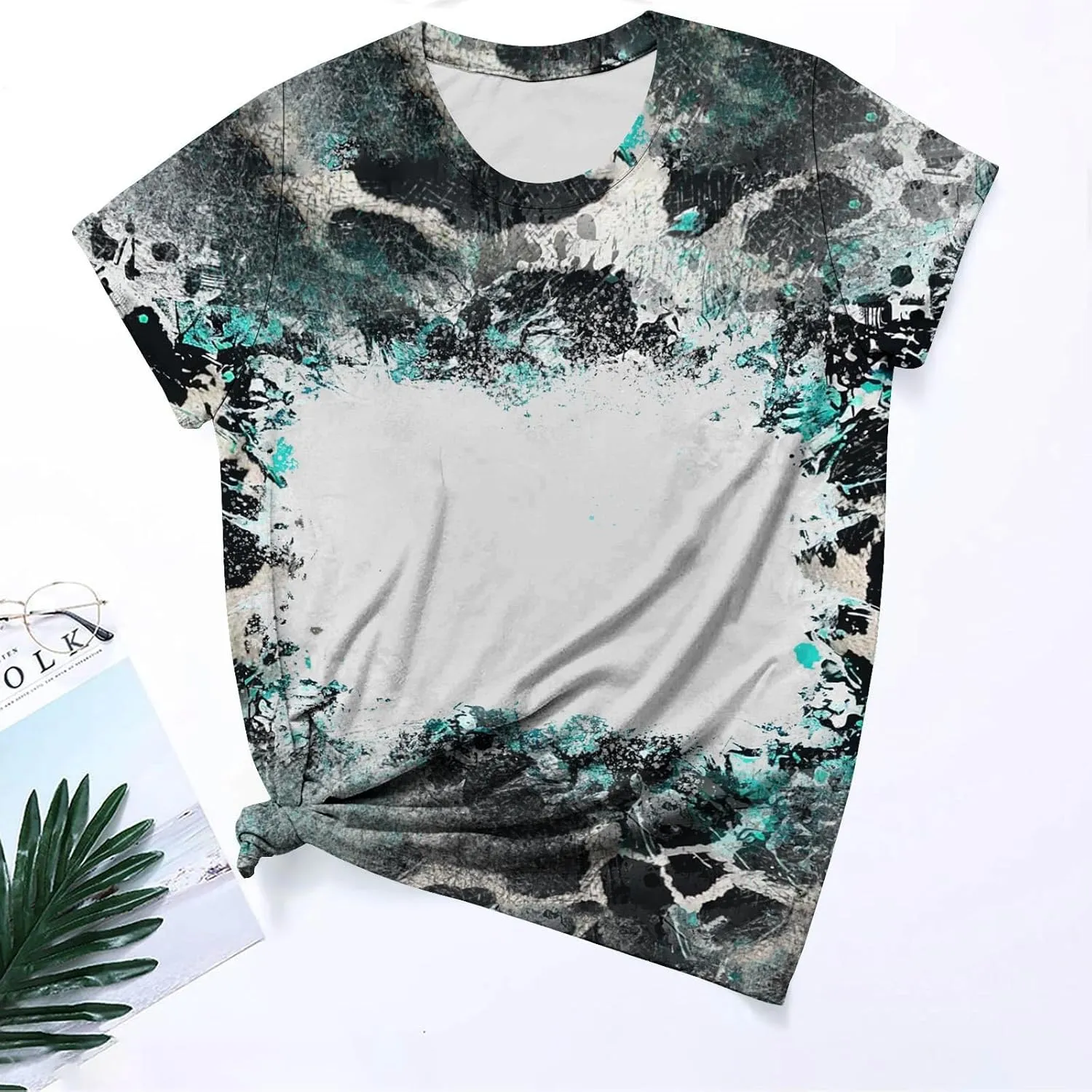 Ceboyel Womens Bleached Sublimation Blanks Shirts Leopard Graphic Tees Tops Short Sleeve Polyester Tshirts Cute Items Clothes