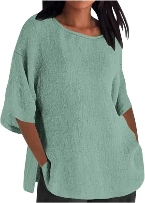 Ceboyel Women's Cotton Linen Tunic Shirts Dandelion Print Summer Tops 3/4 Sleeve Blouse Tshirts Bohemian Style Clothes 2023