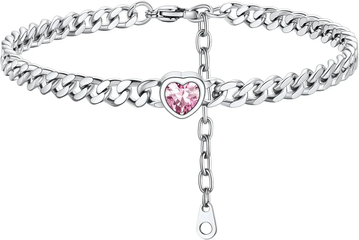 ChainsHouse Cuban Chain Anklets for Women,Stainless Steel Black 6mm Link Chain Ankle Bracelet with Heart Birthstone Jan - Dec 12 Months, 22cm-27cm Adjustable, with Gift Box