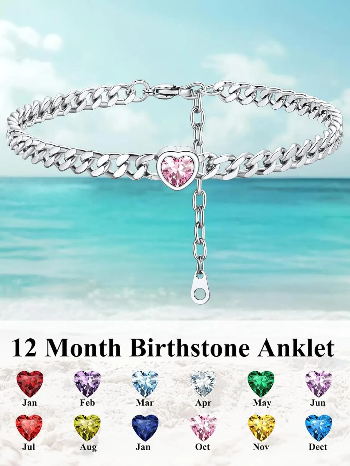 ChainsHouse Cuban Chain Anklets for Women,Stainless Steel Black 6mm Link Chain Ankle Bracelet with Heart Birthstone Jan - Dec 12 Months, 22cm-27cm Adjustable, with Gift Box