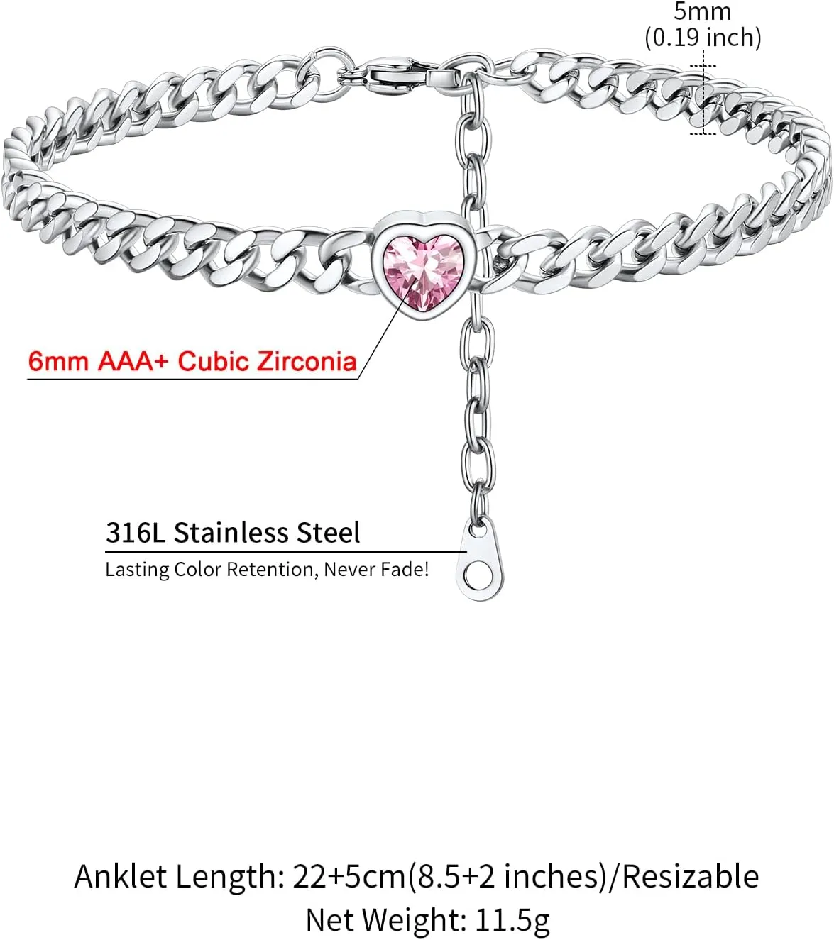 ChainsHouse Cuban Chain Anklets for Women,Stainless Steel Black 6mm Link Chain Ankle Bracelet with Heart Birthstone Jan - Dec 12 Months, 22cm-27cm Adjustable, with Gift Box