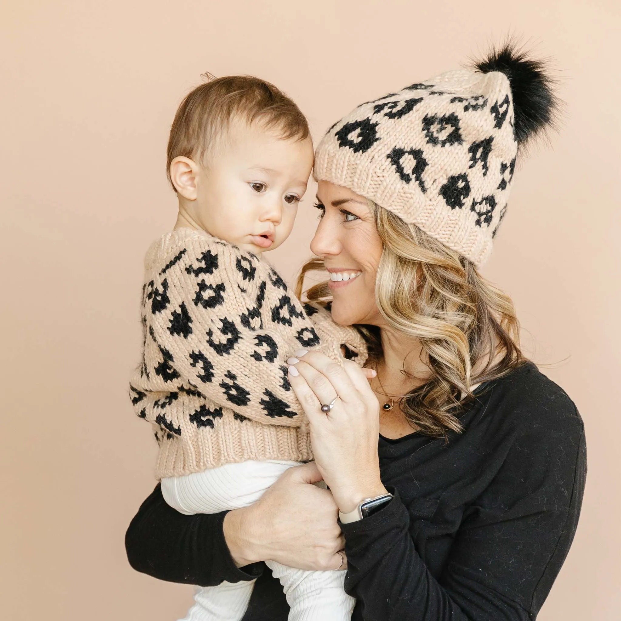 Cheetah Hat, Cardigan, Mittens Set, Latte/black
